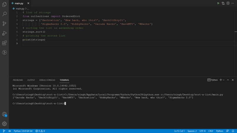 Sorting a list – screenshot 1