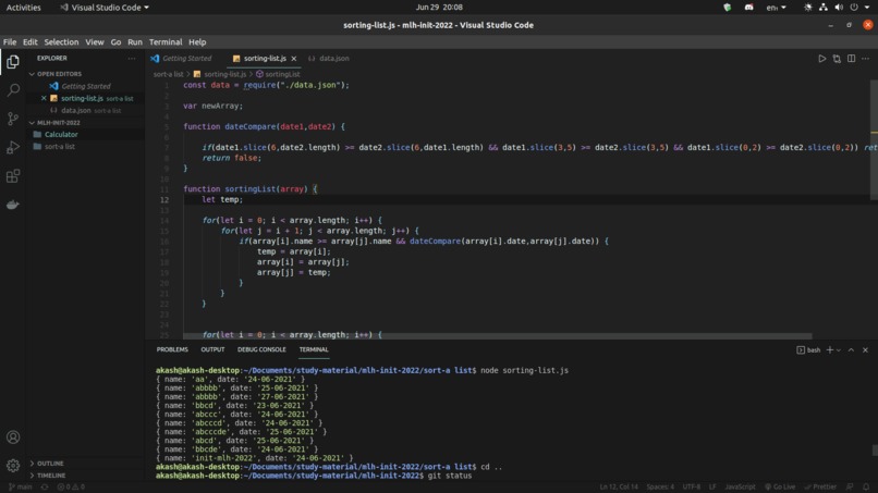 Sorting a list – screenshot 1