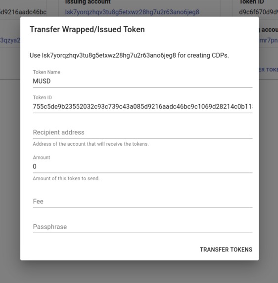 MUSD stablecoin and wrapped LSK – screenshot 2