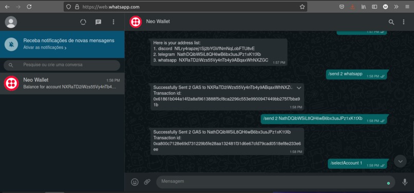 Neo wallets for Telegram, Whatsapp and Discord – screenshot 1