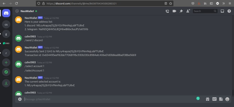 Neo wallets for Telegram, Whatsapp and Discord – screenshot 2