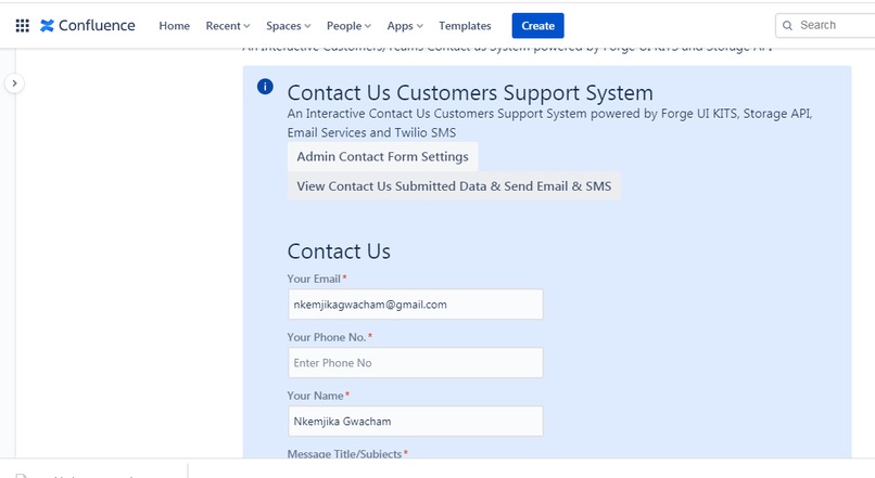 Contact Us Customers Support System on Confluence – screenshot 1