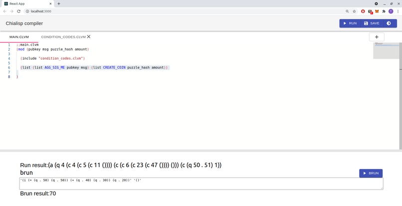 Chialisp online compiler – screenshot 1