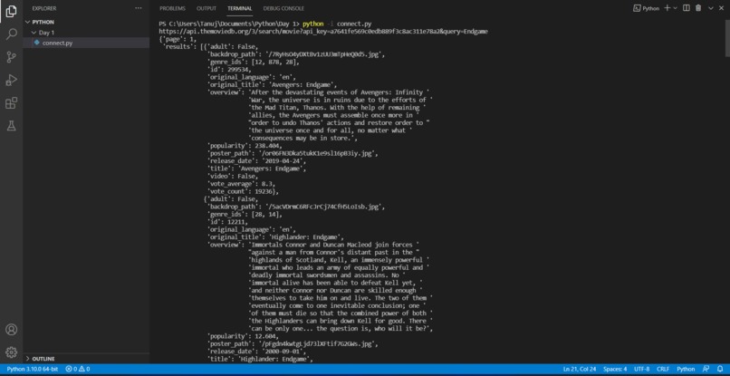 Learning how to work with API's – screenshot 1