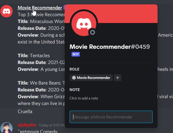 Movie Reccomender Discord Bot – screenshot 1