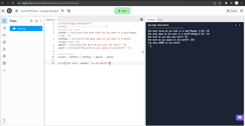 Savings Calculator in Python on Replit – screenshot 1