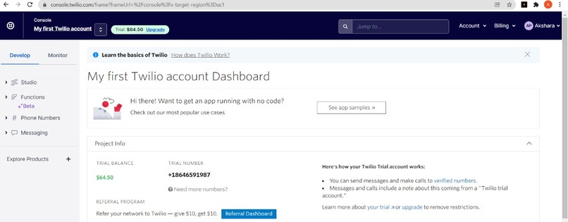 Created Twilio account – screenshot 1