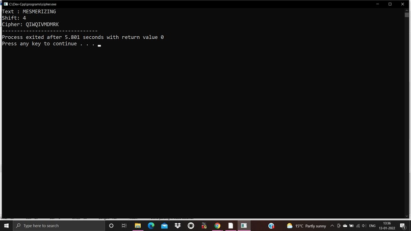 Implementation of cipher code – screenshot 1