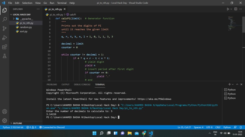 Script to find Pi to Nth digit – screenshot 1