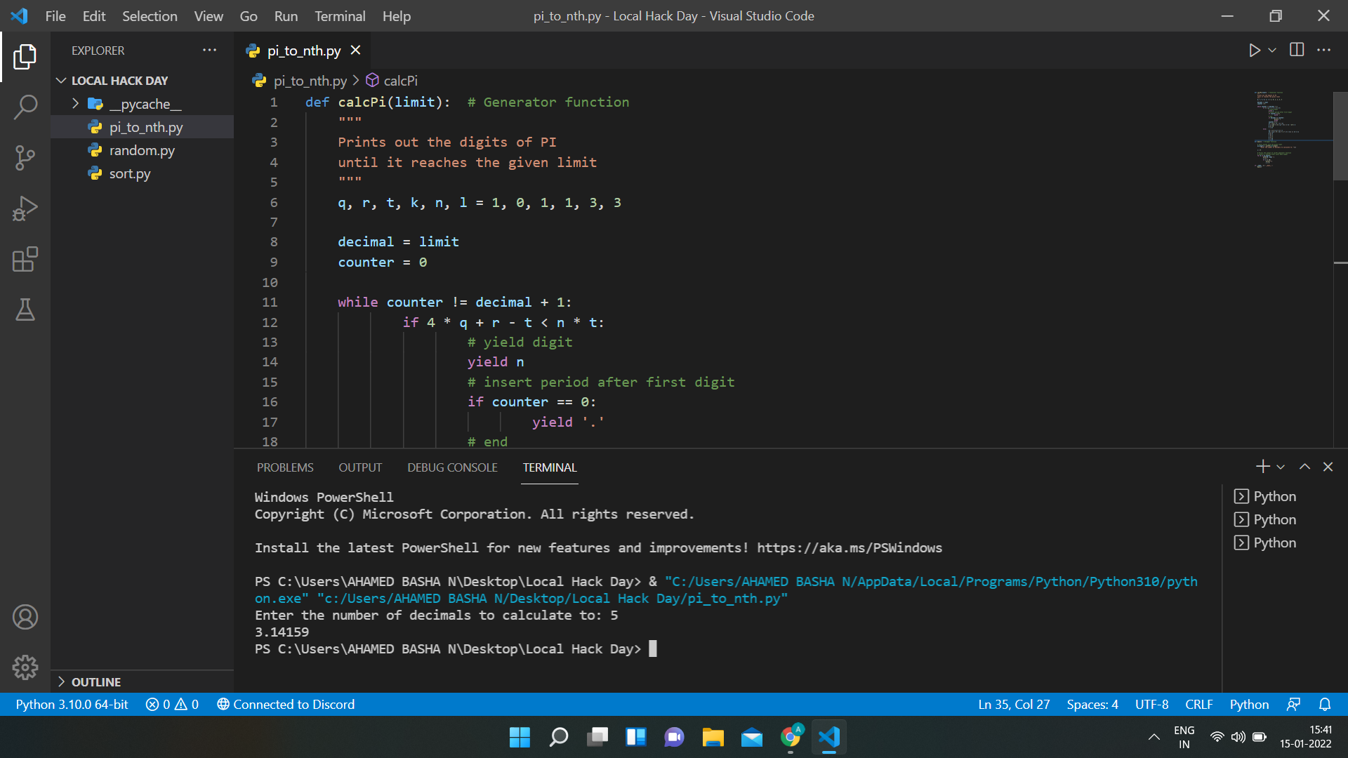 Script to find Pi to Nth digit Devpost