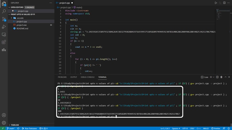 Program to find pi to the Nth digit – screenshot 2