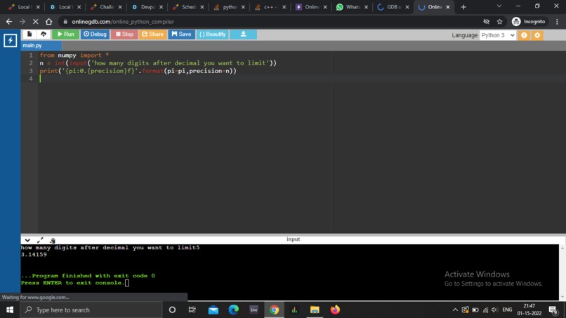script to find pi to the Nth digit – screenshot 1