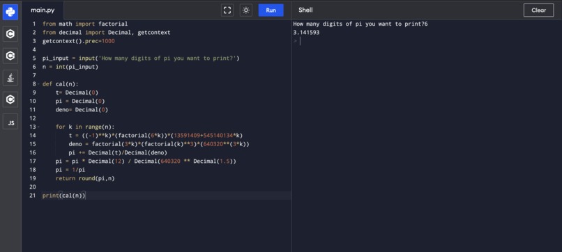 Write a script to find pi to the Nth digit – screenshot 1