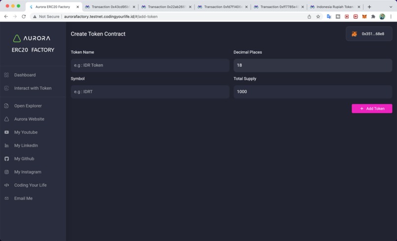 Aurora ERC20 Token Factory – screenshot 2