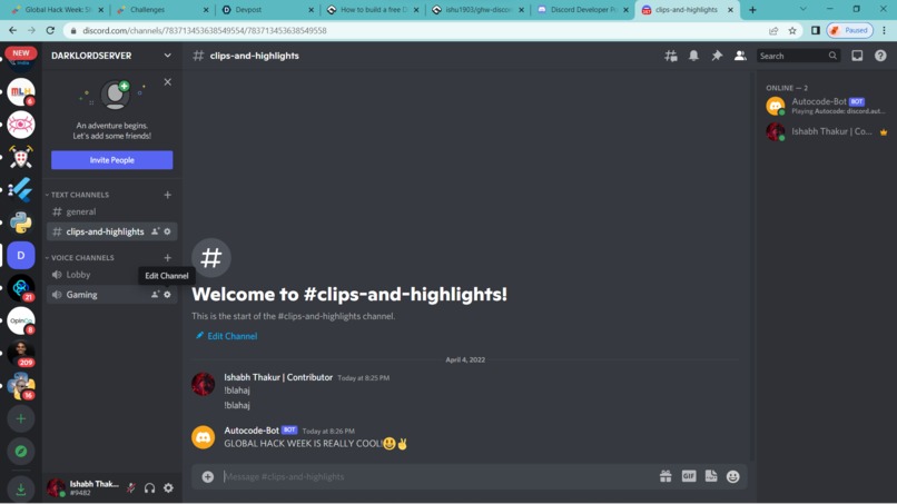 Global  hack week discord bot – screenshot 2