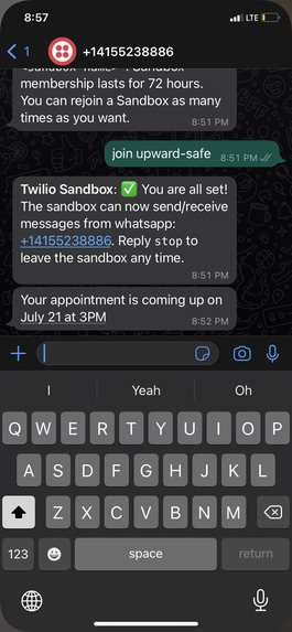 using twilio api to send message to self – screenshot 1