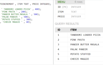 SQL FOOD MENU