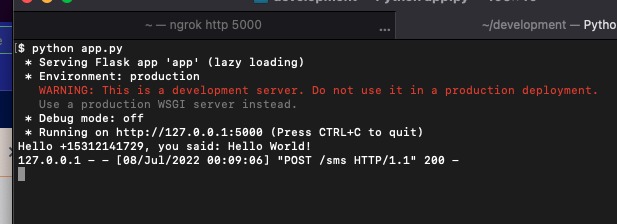 Receiving SMS messages with Twilio – screenshot 1