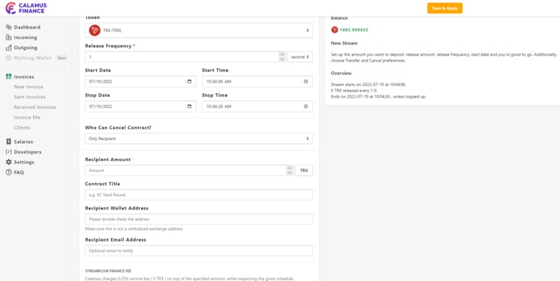 Calamus Finance - Money Streaming on TRON – screenshot 2