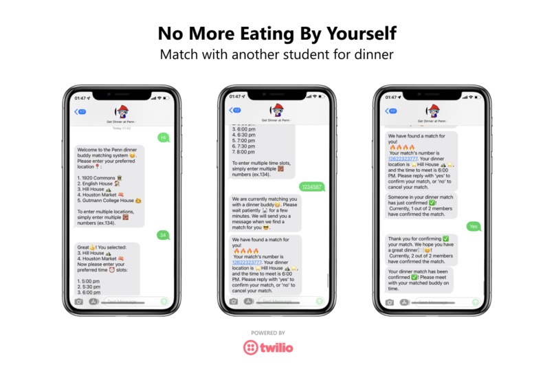 SMS dinner buddy matching – screenshot 2