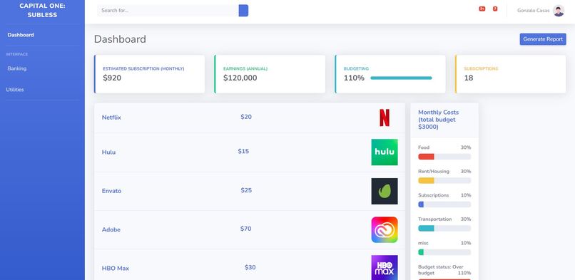 Subless: Capital One subscription manager – screenshot 1