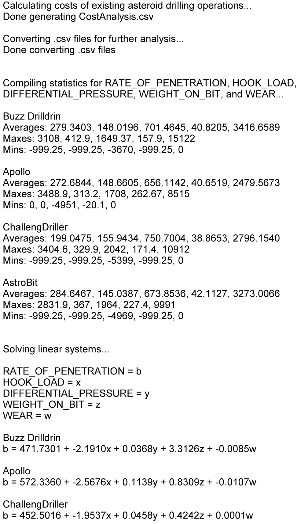 Asteroid drilling analysis devpost
