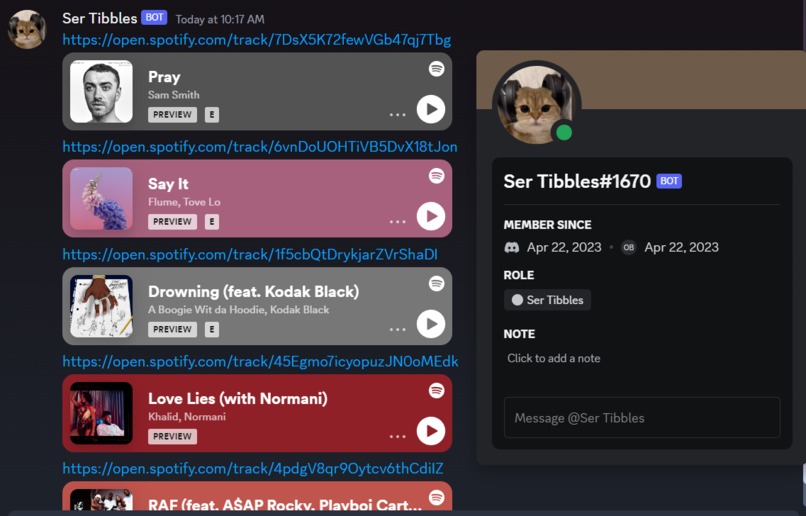 Discord-Music-Rec-Bot (Ser Tibbles) – screenshot 1