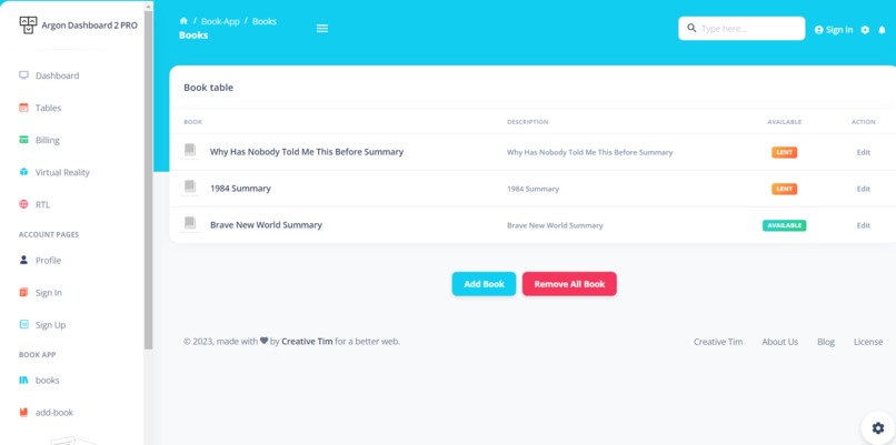 Book Demo App with Argon Dashboard Material UI Template – screenshot 3