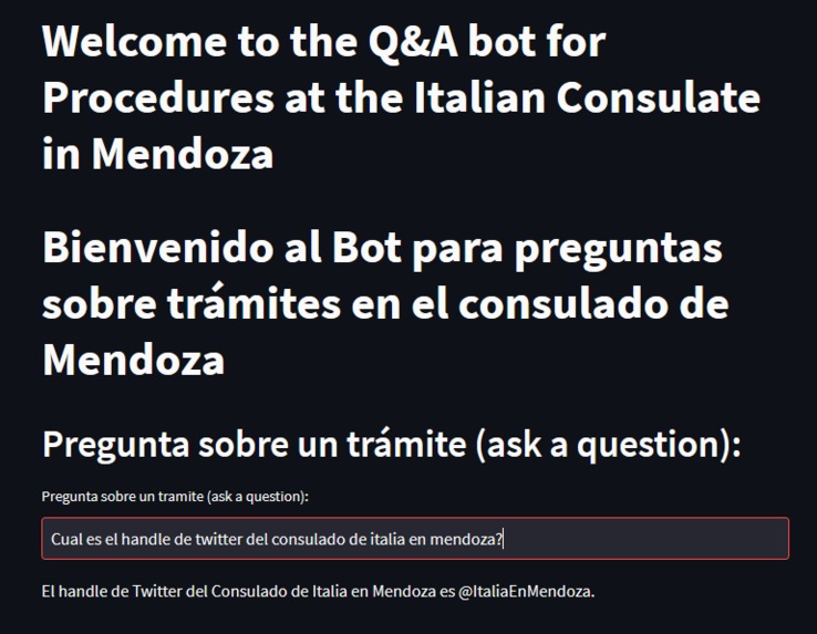 A Q&A bot for Procedures at the Italian Consulate in Mendoza – screenshot 1