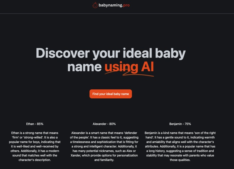 Babynaming.pro: A serverless baby naming application – screenshot 1