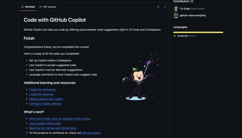 Completed GitHub Copilot Primer – screenshot 2