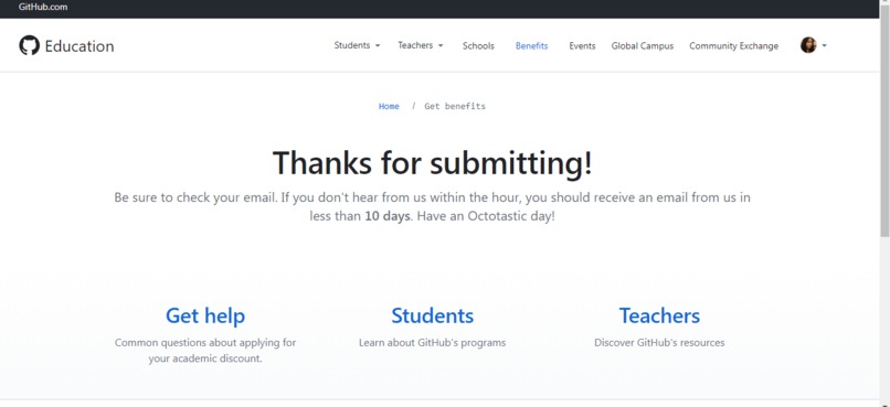 Sign up for github student  – screenshot 1
