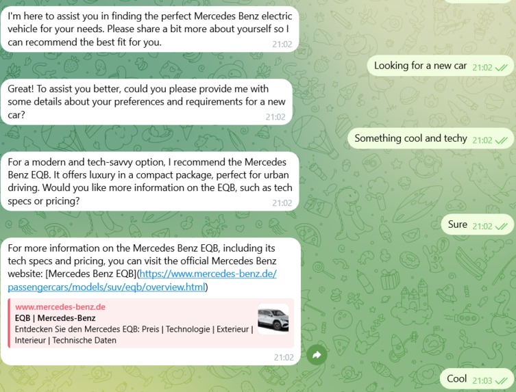 Hyper personalised chatbot Mercedes  – screenshot 1