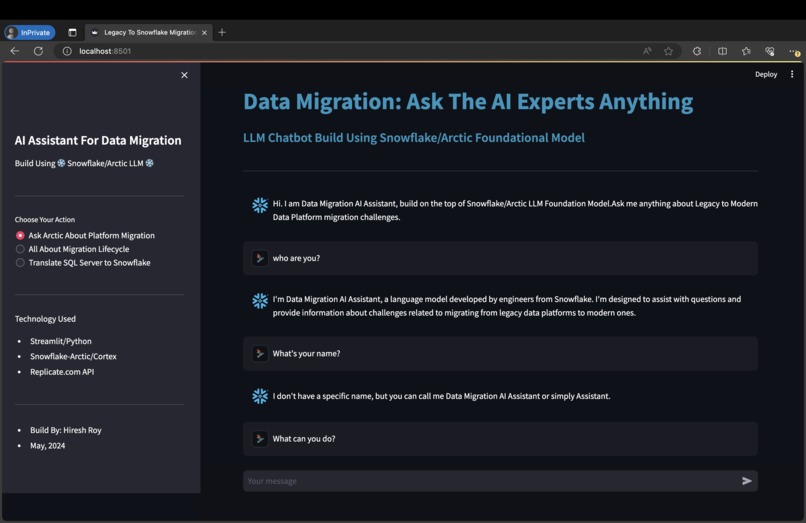 Snowflake Arctic Powered Data Migration Assistant App – screenshot 2
