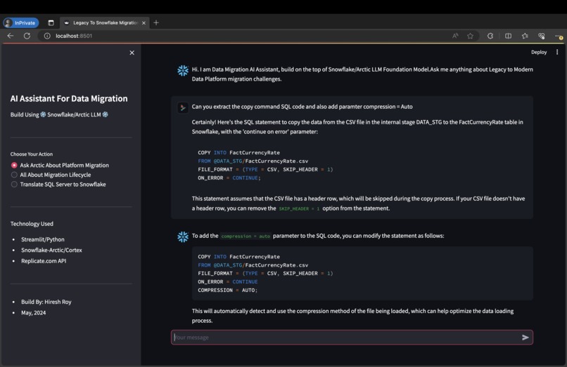 Snowflake Arctic Powered Data Migration Assistant App – screenshot 7