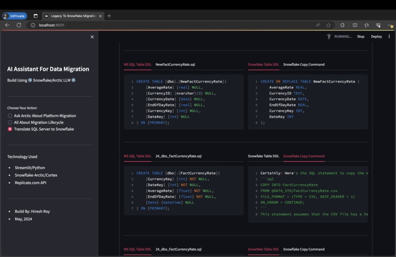 Snowflake Arctic Powered Data Migration Assistant App – screenshot 6