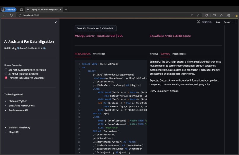 Snowflake Arctic Powered Data Migration Assistant App – screenshot 8