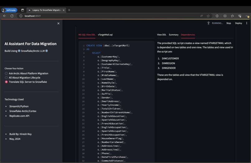 Snowflake Arctic Powered Data Migration Assistant App – screenshot 10