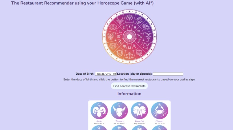 The Restaurant Recommender using Your Horoscope – screenshot 1