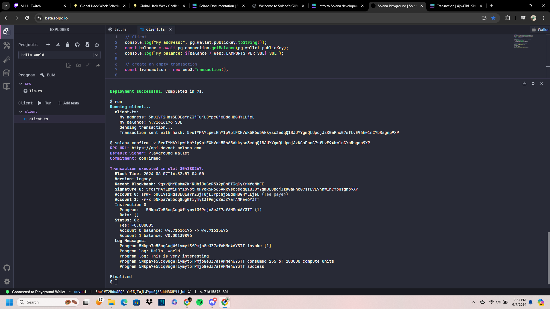 Hello World program on Solana Playground | Devpost