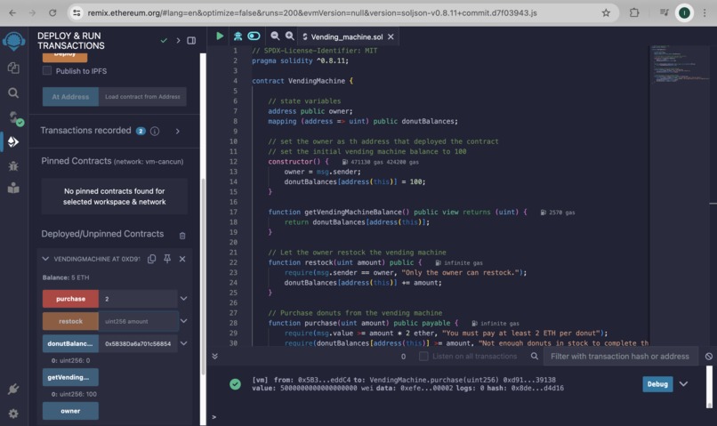 Creation of a Vending machine SMART CONTRACT – screenshot 1