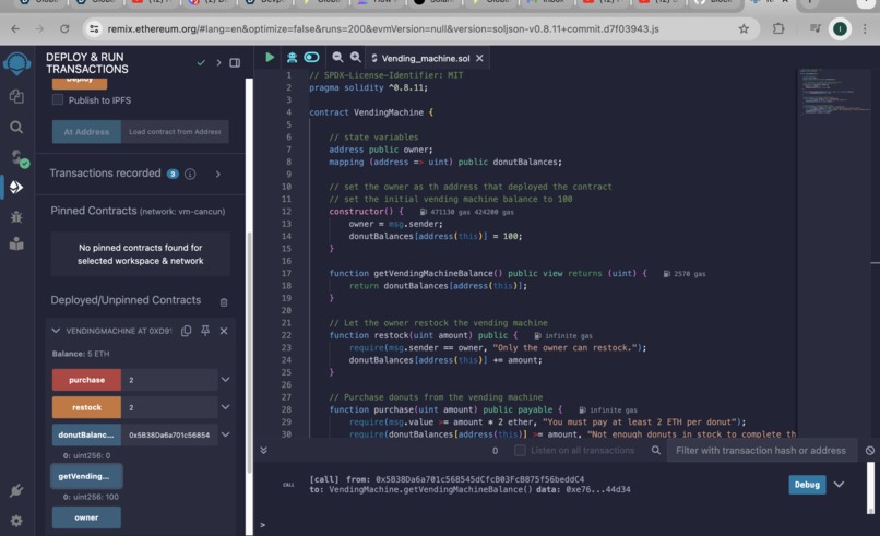 Creation of a Vending machine SMART CONTRACT – screenshot 2