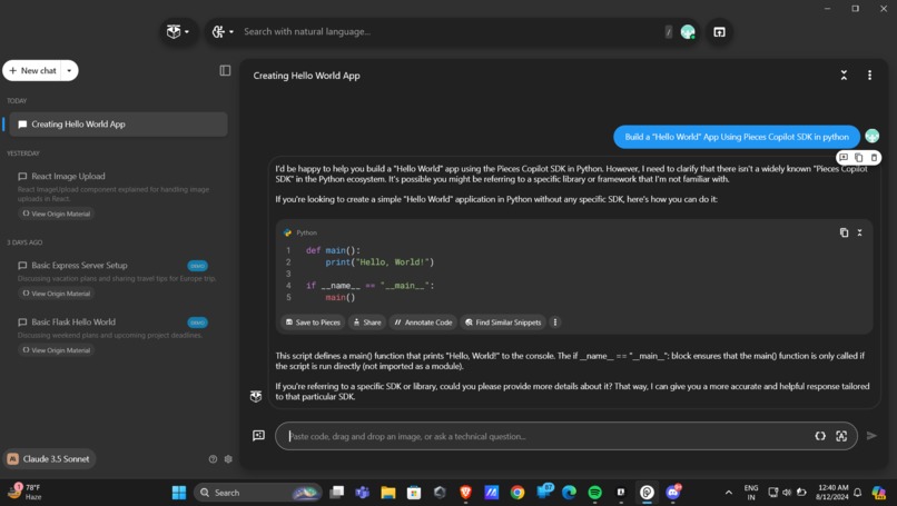 Building a “Hello World” App Using Pieces Copilot SDK – screenshot 1