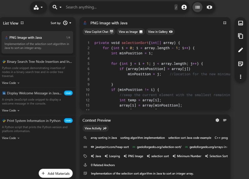 Saving a code snippet through Pieces – screenshot 1
