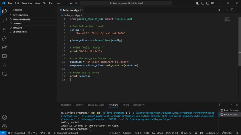 Hello World Using Pieces – screenshot 1
