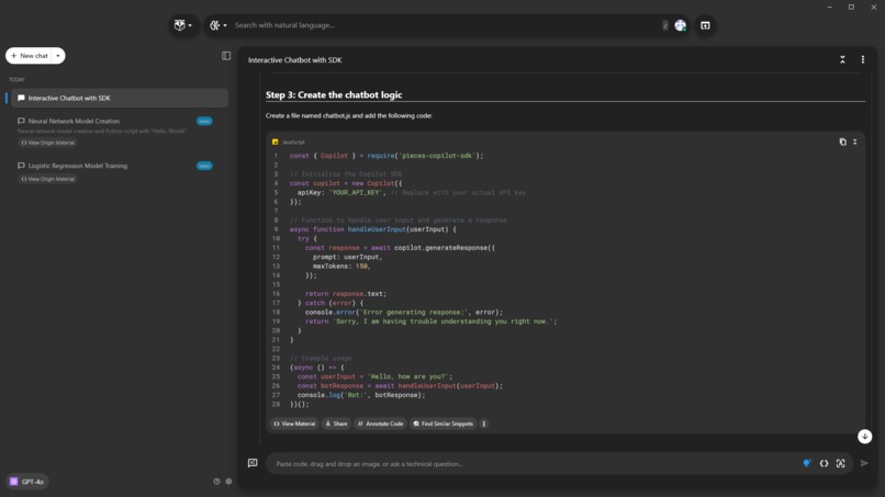 Build a Chatbot App Using Pieces Copilot SDK – screenshot 1