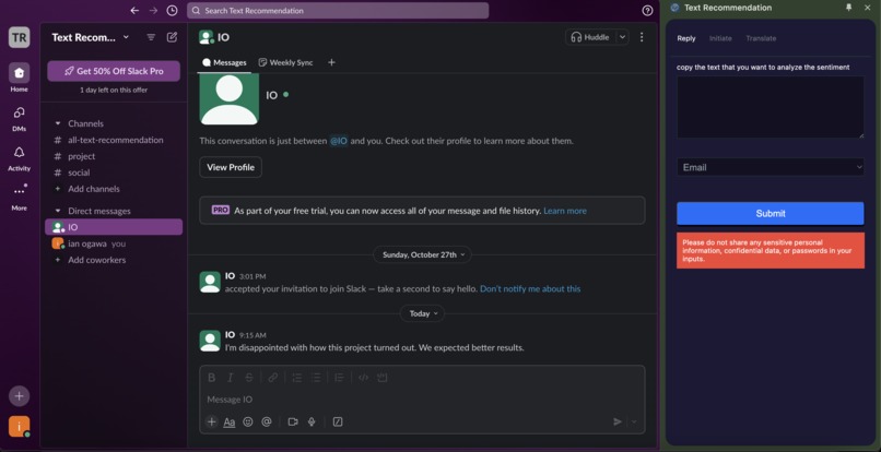 Text Recommendation Extension – screenshot 1