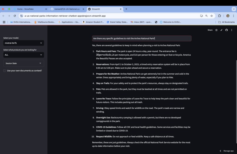 A US National parks Information retriever chatbot – screenshot 2
