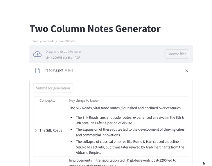 World History RAG Two Column Notes Generator – screenshot 1