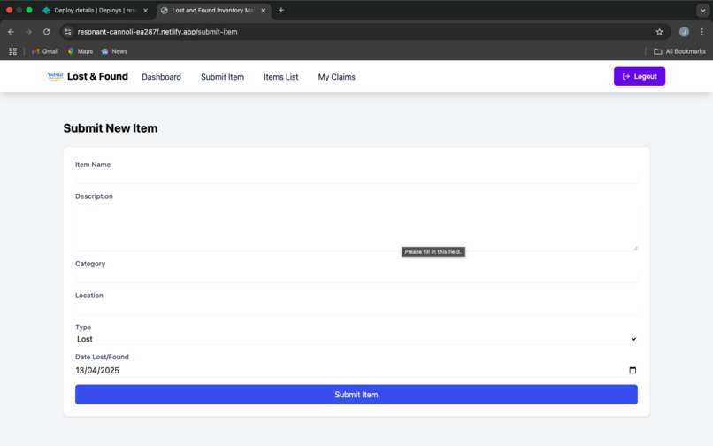 Lost and found inventory management system – screenshot 1
